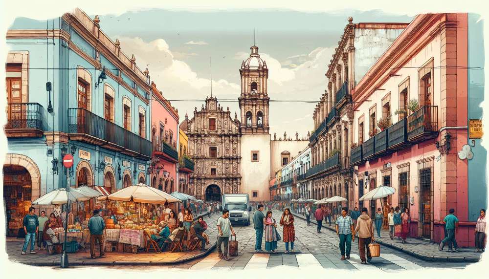 A vibrant street scene in Santiago de Querétaro