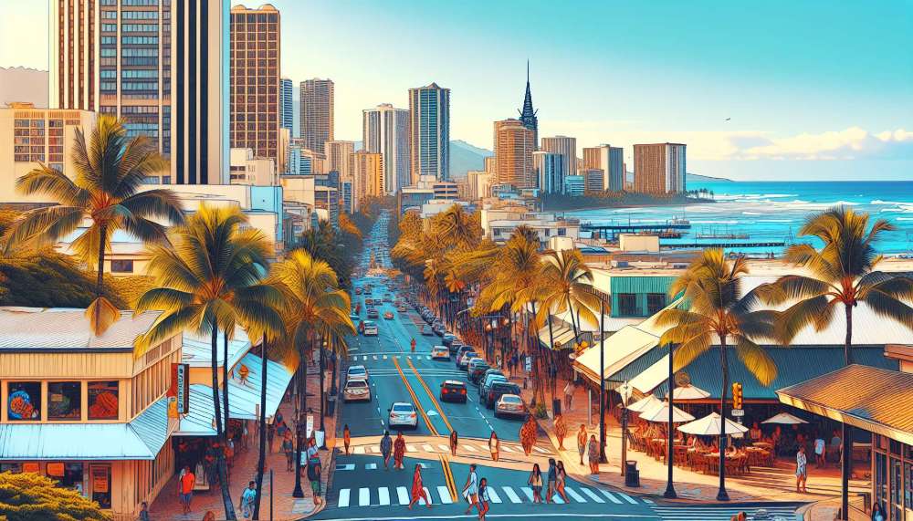 A vibrant street scene in Honolulu