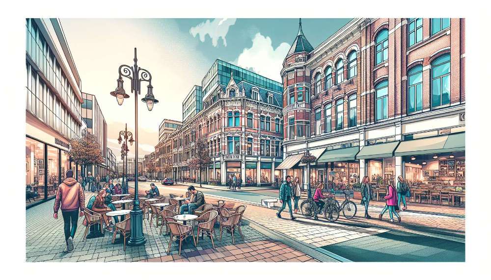 A vibrant street scene in University City