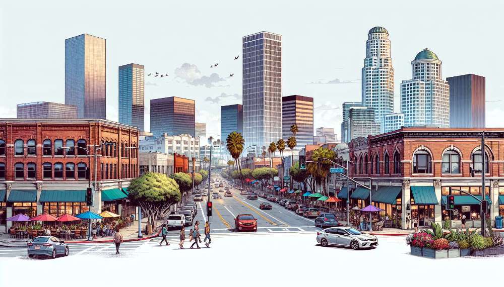 A vibrant street scene in Downey