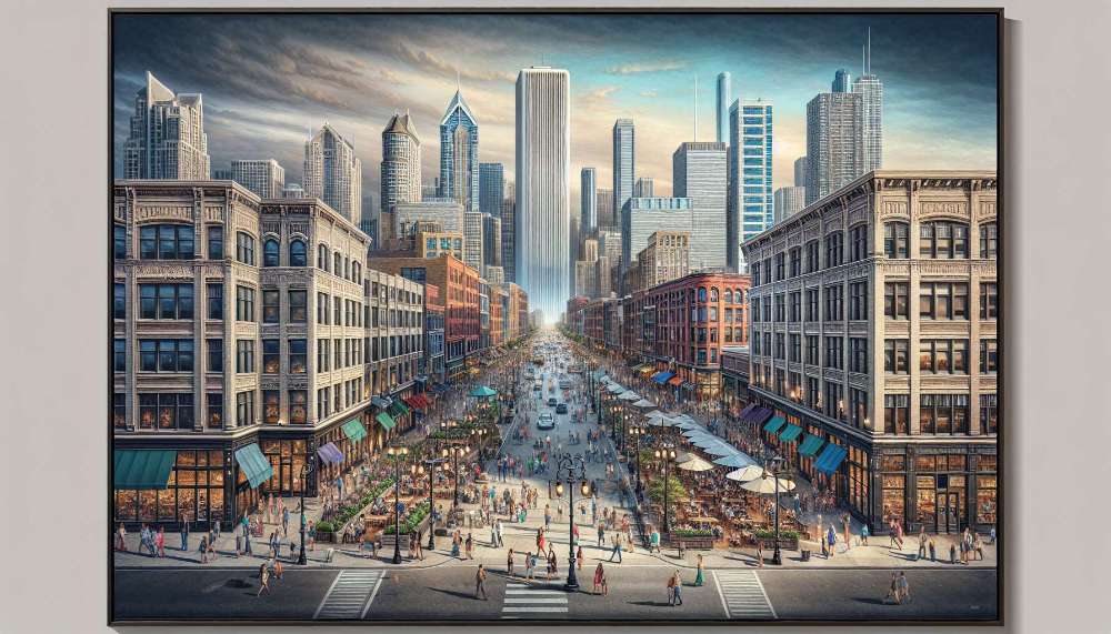 A vibrant street scene in River North