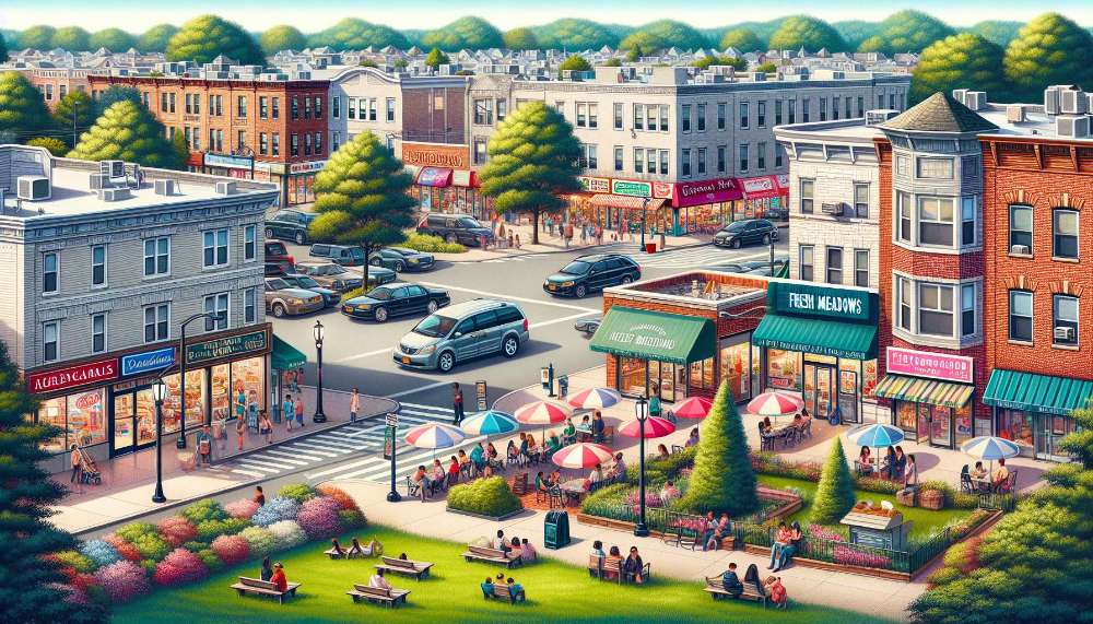 A vibrant street scene in Fresh Meadows