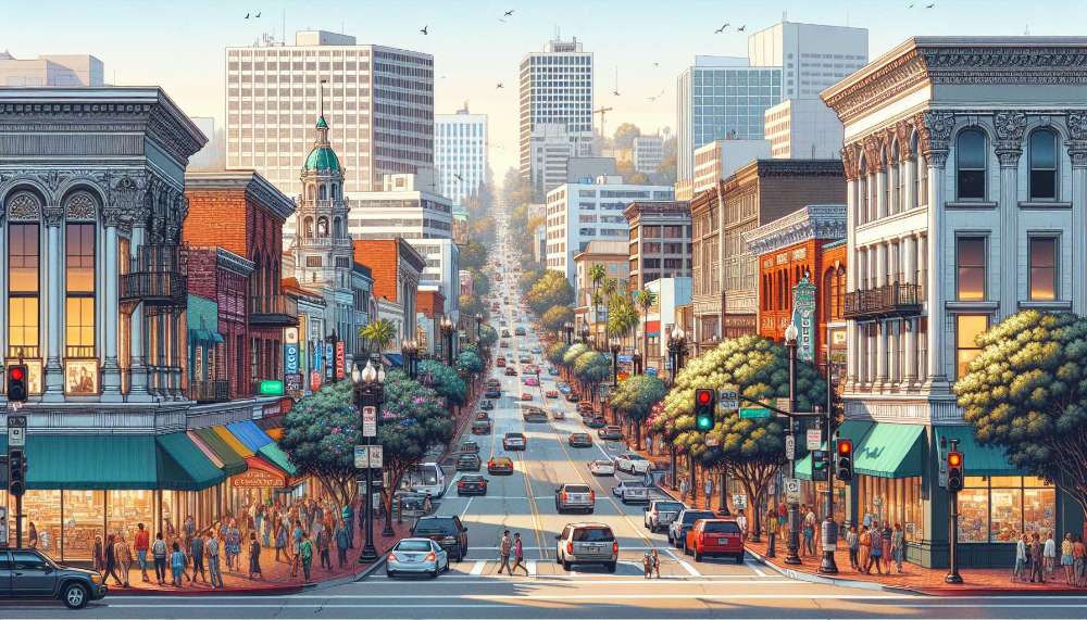 A vibrant street scene in California