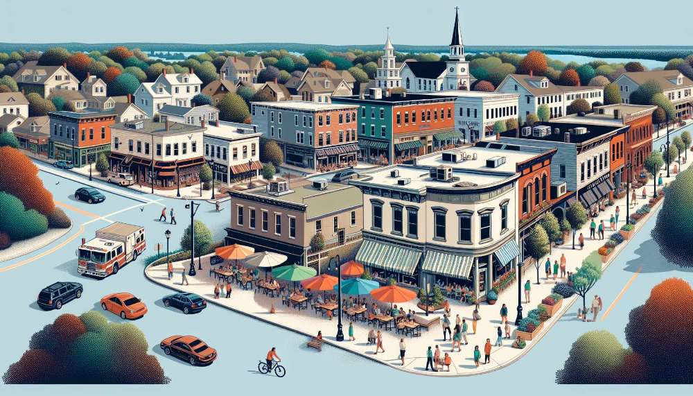 A vibrant street scene in Quaker Hill