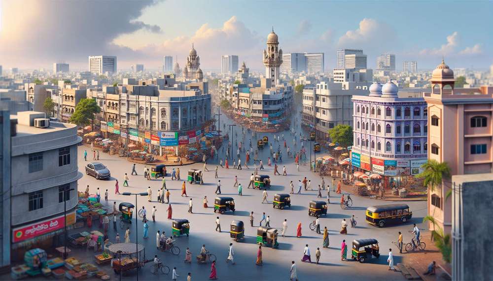 A vibrant street scene in Hyderabad