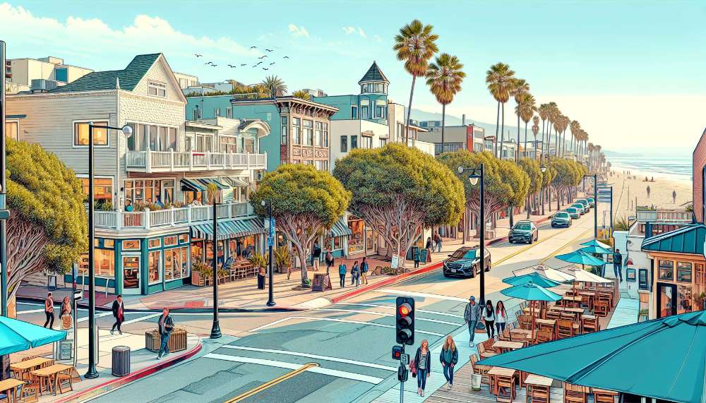 A vibrant street scene in Alamitos Beach