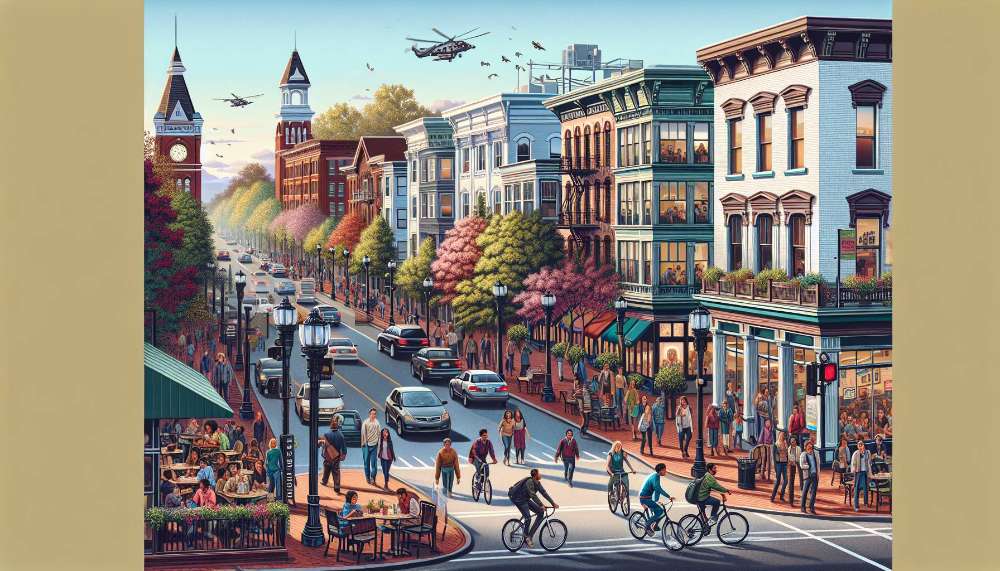 A vibrant street scene in University City