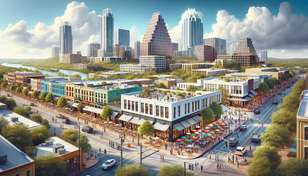 A vibrant street scene in Pioneer Crossing