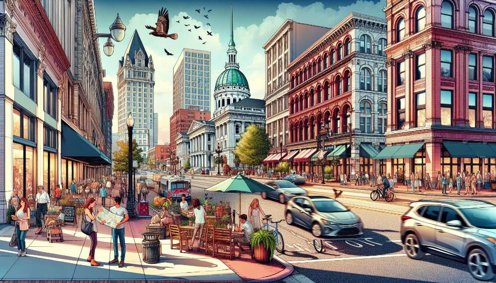 A vibrant street scene in St. Louis