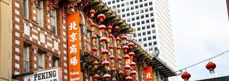 A vibrant street scene in Chinatown