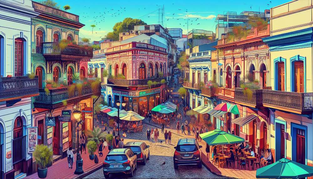 A vibrant street scene in Puerto Iguazú