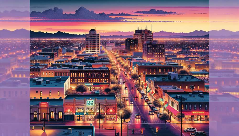 A vibrant street scene in Vista Montana