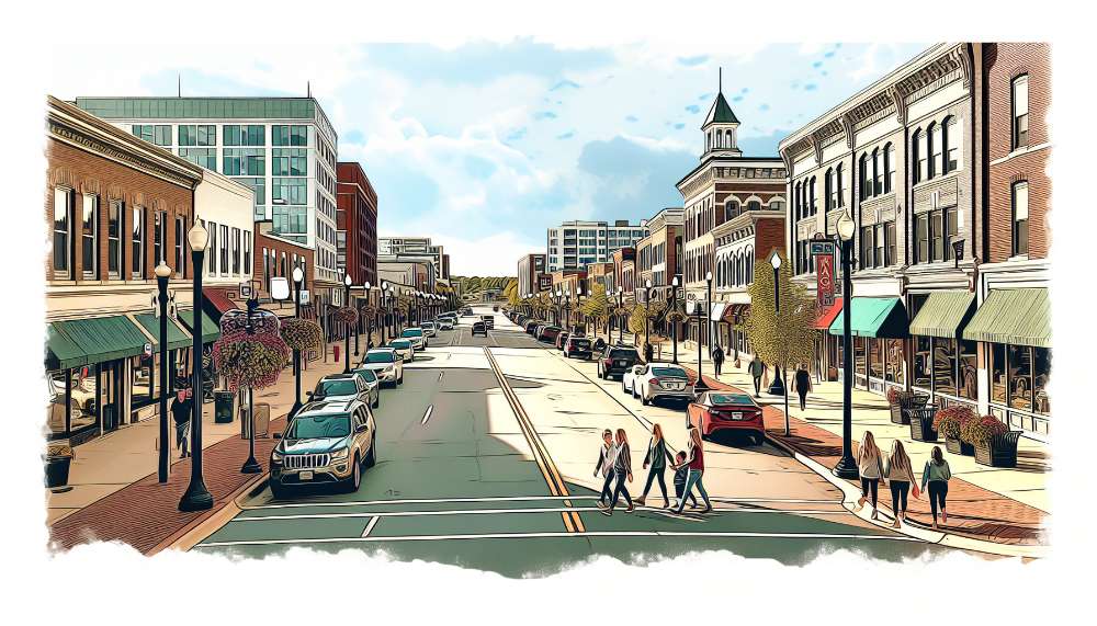 A vibrant street scene in Forest Lake