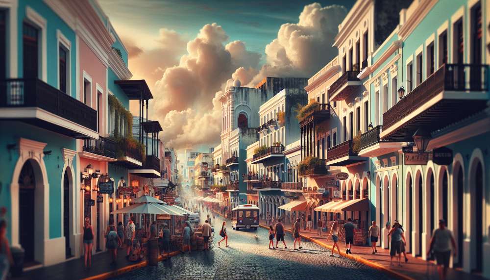 A vibrant street scene in San Juan