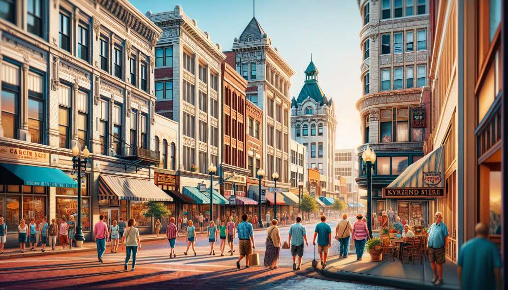 A vibrant street scene in Lawrence